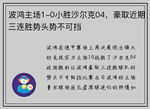 波鸿主场1-0小胜沙尔克04，豪取近期三连胜势头势不可挡